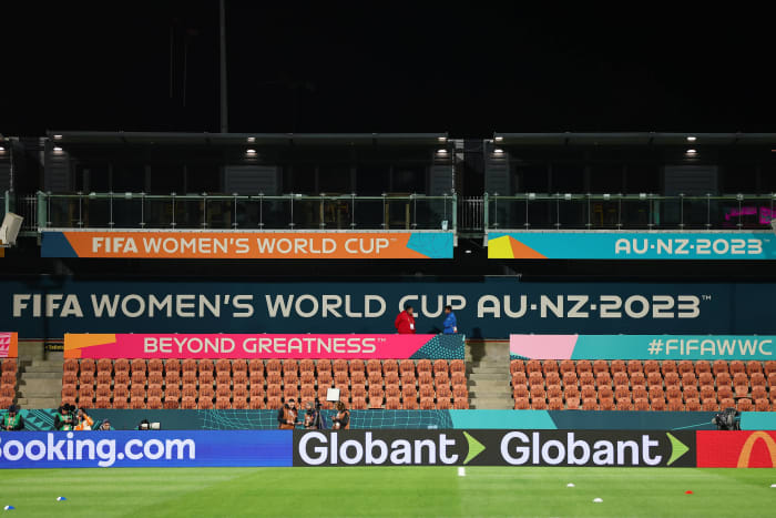 A photo showing FIFA Women's World Cup signage on display at Waikato Stadium in New Zealand ahead of a group game between Switzerland and Norway in July 2023